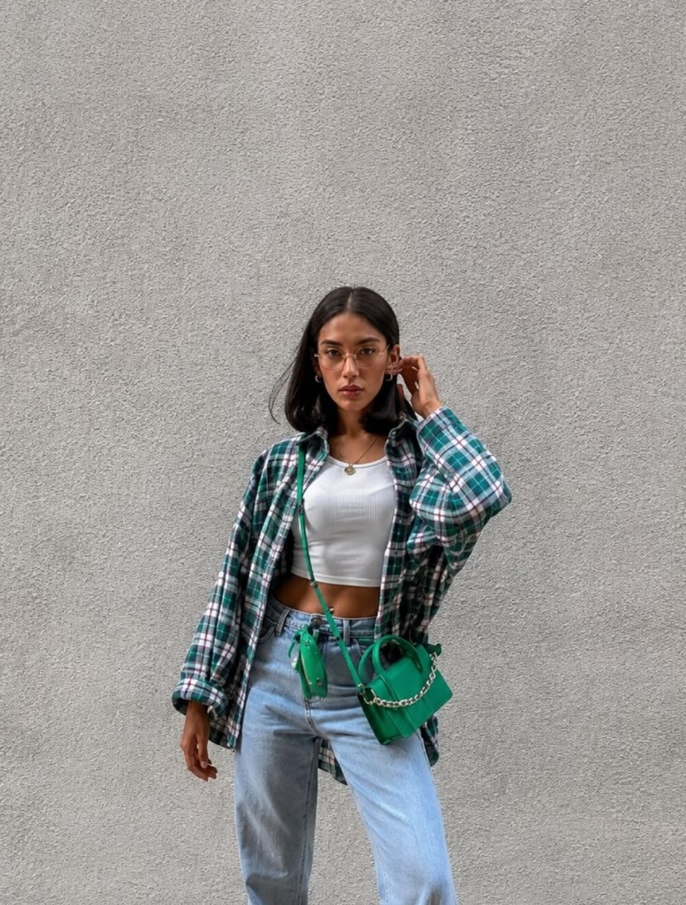 Lioness Green & White Plaid Oversized Button-Down Shirt Women's XXL